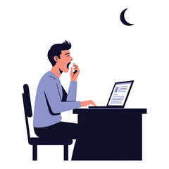 Tired man yawning while working late at night on a laptop vector illustration of a person experiencing fatigue and sleep deprivation
