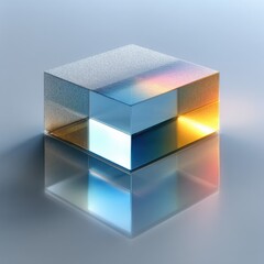 Futuristic Glass Cube with Illuminated Translucent Panels and Textured Surface, Featuring Vibrant Blue and Orange Light Reflections on a Reflective Surface – Ideal for Technology, Innovation