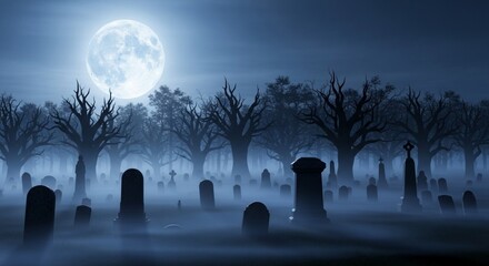 Spooky graveyard scene with tombstones, trees, fog, and a full moon.