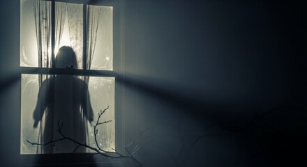 Eerie figure in window, bathed in light, creating a spooky, mysterious atmosphere.