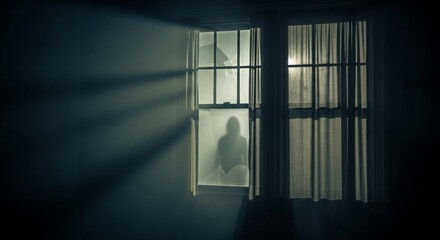 Eerie silhouette of a person behind a window at night, creating a mysterious and unsettling atmosphere.