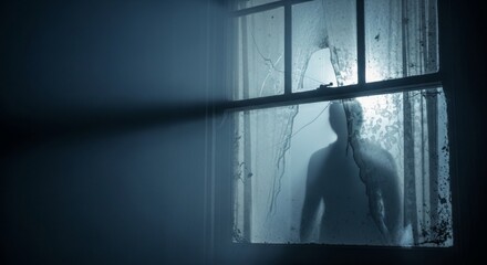 Silhouette of a person behind a broken window in a dark room, creating a sense of mystery and fear.