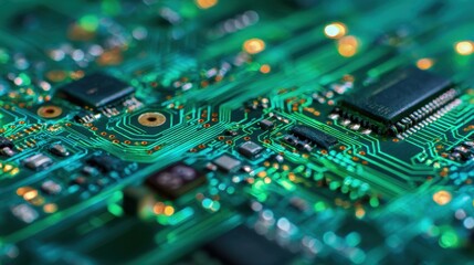 Fototapeta premium A close up view reveals the complex pathways and components on a vibrant green circuit board.