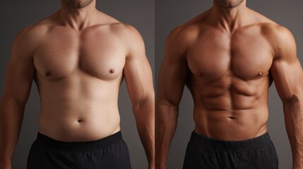Sidebyside image shows a mans body before and after fitness transformation with visible muscle gain and fat loss