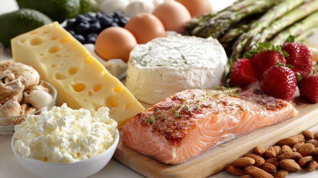 Selection of keto foods cheese salmon eggs berries nuts asparagus avocado mushrooms