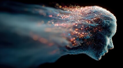 Conceptual Digital Art: Human Head Dissolving into Luminous Particles, Representing Metamorphosis, Consciousness, and the Digital Self