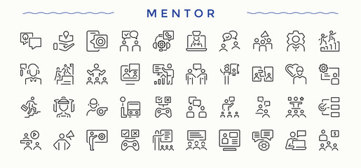 Mentor line icon set. Coach icon pack. Contains outline symbols like train, counselor, man, trainer, leadership, leader and more. Pictogram and infographic.