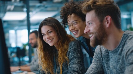 Colleagues engage in creative discussions and enjoy teamwork in a lively office environment.