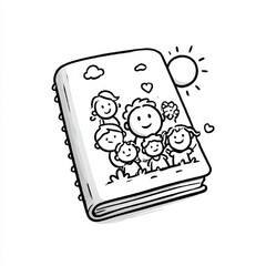 Simple line art sketch of a closed spiral book featuring a cover illustration of a smiling family group, representing children's education and memory.