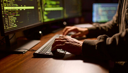 Close up hacker hand typing a code on theirs keyboard with blurry network code