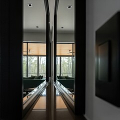 Fototapeta premium Interior hallway reflects living room view in modern architecture