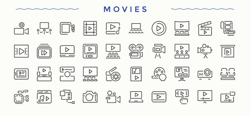 Movies icon set. Video perfect for logos and infographic. Modern linear icons. Movie vector icon set. Signs for web and mobile app.