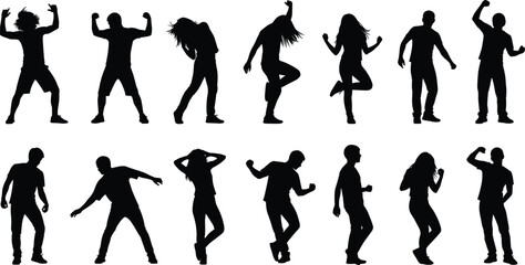 Dance silhouette vector set, black figures in motion, diverse poses, energetic styles, perfect for choreography, performance art, posters, branding, design