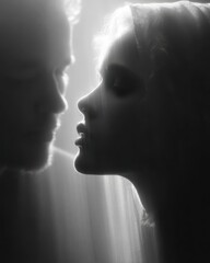 Black and White Conceptual Portrait of Two Silhouetted Faces in Ethereal Light – Intimate Connection, Love, and Romantic Mystery for Branding, Art, and Emotional Storytelling