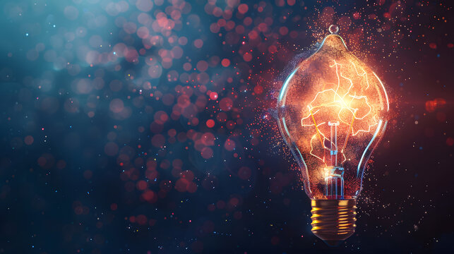glowing lightbulb made of digital particles on dark gradient background, concept of creativity and innovation, ad banner layout with copy space - Powered by Adobe