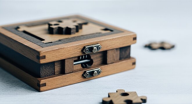 Wooden puzzle box intricate design on a white surface