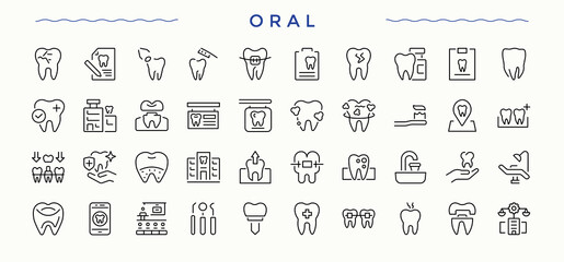 Oral linear icon set. Dentistry icon set in linear style. Thin line icons set. Includes symbols for health, medical, hospital, treatment and more. Pictogram and infographic.