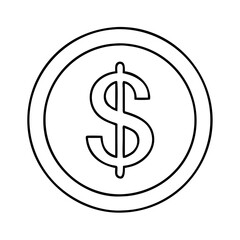 A simple black and white line drawing of a dollar sign inside a circle, representing money and finance, isolated on a