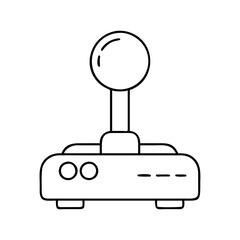 A black and white line drawing of a joystick for a video game console, isolated on a