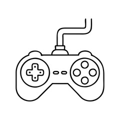 A black and white line drawing of a video game controller with a cord, isolated on a