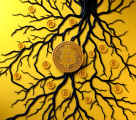 An elegant black Bitcoin network on a golden background, reversing the contrast for a luxurious and regal look. The black root-like lines form organic blockchain connections, with golden Bitcoin. 