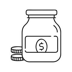 A clean line art icon of a jar with a dollar sign on a label and two coins next to it, representing financial concepts