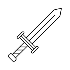 A black and white outline illustration of a sword featuring a crossguard and a textured handle, isolated on a pure