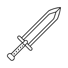 A minimalist black outline drawing of a sword with a distinct crossguard and a patterned grip, presented isolated on a