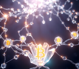  A crystal-inspired Bitcoin network, where radiant translucent branches sparkle like faceted gemstones on a dark sapphire background. Each Bitcoin symbol (₿) glows within crystal nodes.