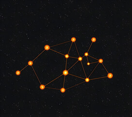  A starlit Bitcoin network set against a black sky dotted with constellations. The orange-gold branching pattern glows subtly among stars, with Bitcoin symbols (₿) placed like celestial nodes.