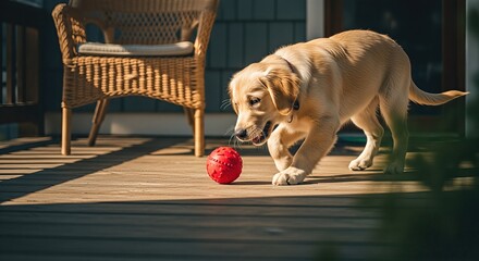 Labrador puppy with ball on wooden deck