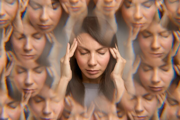 Woman experiencing migraine with eyes closed and hands on temples,