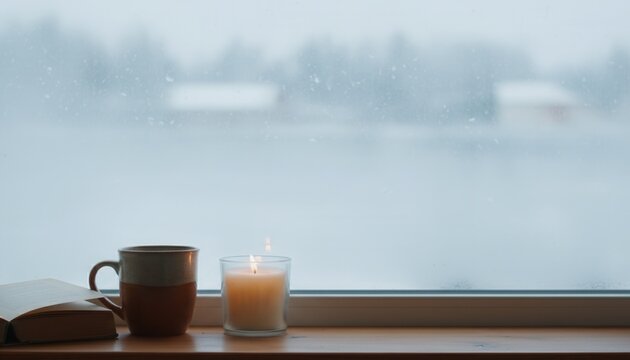 A cozy mug, book, and lit candle on a wooden windowsill overlooking a snowy winter landscape. Hygge and relaxation concept with copy space
