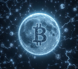 A moonlit Bitcoin network, glowing in silvery-white and pale blue light across a starry midnight background. Each Bitcoin symbol (₿) shines like a moon phase, softly illuminating interconnected. 