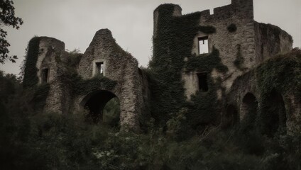 Ancient, weathered stone castle ruins, overgrown with ivy and vegetation, under a moody, overcast sky