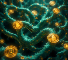 A serpentine Bitcoin network, where glowing emerald and gold branches twist like coiled dragons or snakes. Each Bitcoin symbol (₿) rests in circular nodes &mdash; symbolizing wisdom, transformation.