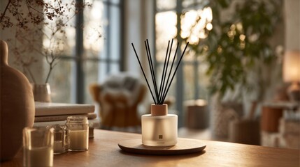 A stylish diffuser stands on a wooden surface filling the cozy room with pleasant aromas.