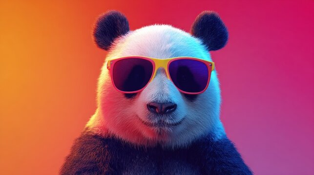 A joyful panda sports bright sunglasses capturing a fun moment in an artistic and colorful setting.