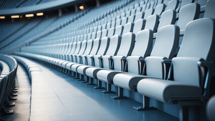 Fototapeta premium Empty stadium seats arranged in neat rows, showcasing modern design and comfort