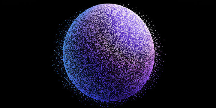 A luminous purple digital sphere made of countless glowing particles floats against a dark background creating a futuristic and high-tech aesthetic
