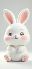 Fototapeta premium A cute, minimalist white rabbit with pink inner ears and cheeks sits adorably on a clean background soft, cuddly, and perfectly charming.