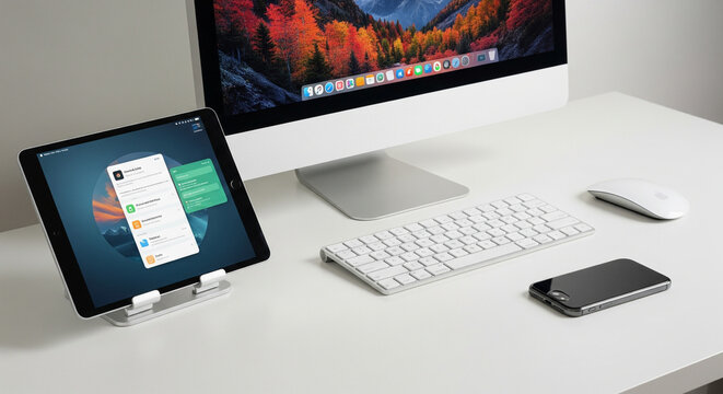 Modern Workspace Setup with Computer, Tablet, and Smartphone on a Clean White Desk