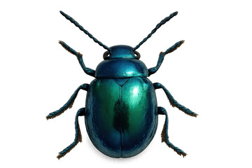 Iridescent beetle presenting a shiny blue and green shell, six legs, and antennae, on a transparent background