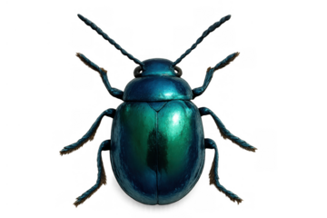 Iridescent beetle presenting a shiny blue and green shell, six legs, and antennae, on a transparent background