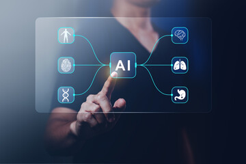 Futuristic medical AI interface showing health data and organ analysis icons. Concept of artificial intelligence in healthcare, biotechnology, diagnosis, and digital innovation.