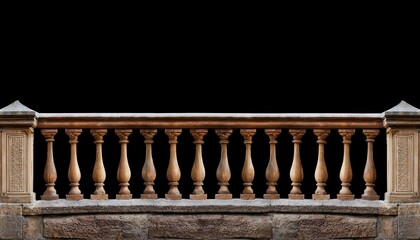 Fototapeta premium Ornate Wood Balcony With Carved Balusters Stone Base Against Black Background