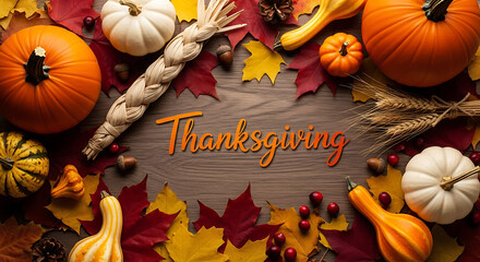 Thanksgiving Greeting Background with Pumpkins and Fall Decorations