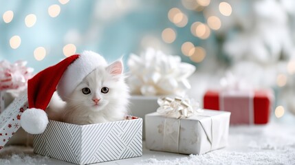 A fluffy white kitten wearing a Santa hat sits in a gift box, surrounded by beautifully wrapped presents and a cozy winter setting that celebrates the holiday season