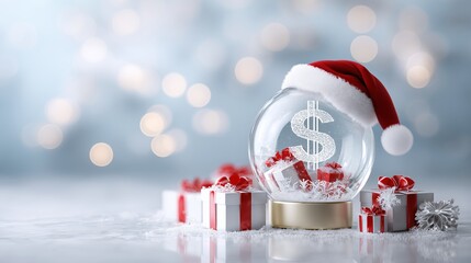 A festive scene features a glass snow globe adorned with a dollar sign, topped with a Santa hat. Wrapped gifts surround it, capturing the spirit of holiday spending and finance