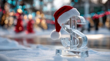 A clear dollar symbol adorned with a small Santa hat stands on fresh snow, surrounded by a festive atmosphere filled with holiday lights and decorations, symbolizing seasonal spending